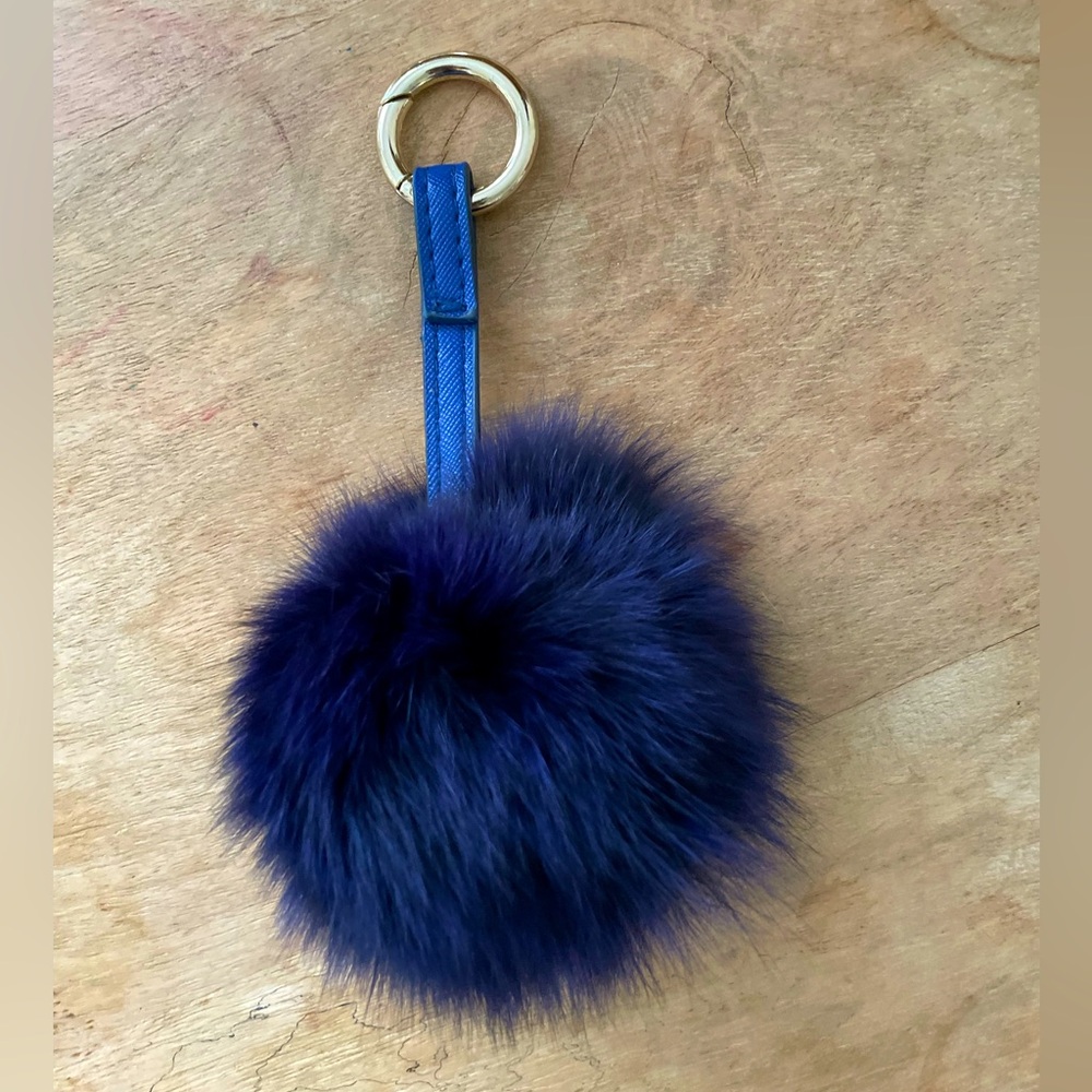 6" Blue Large Fluffy Genuine Fur Pom Pom Keychain Ball Car Keyring/Purse Charm